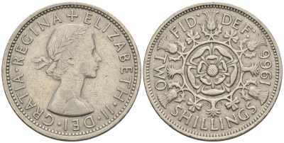 Великобритания 2 шиллинга (флорин) 1966 Елизавета II (1952-2022) KM 906, Spink 4146 медно-никель 4607-442
