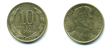 ЧИЛИ 10 ПЕСО 2006 ГЕНЕРАЛ БЕРНАРДО О ХИГГИНС KM 228.2 никель-бронза 37-262