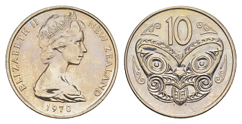Новая Зеландия 10 центов 1970 Елизавета II (1952-2022), маска маори KM 41 медно-никель UNC 4652-635