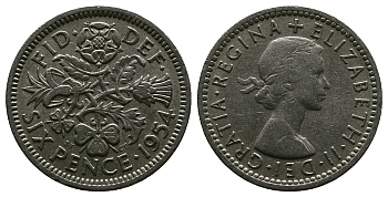 Великобритания 6 пенсов 1954 Елизавета II (1952-2022) KM 903, Spink 4149 медно-никель 4381-643