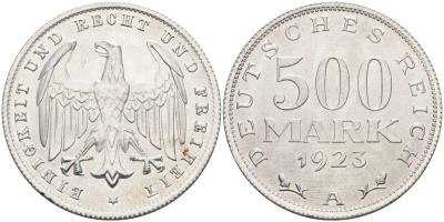 Германия 500 марок 1923 А KM 36, J.305 алюминий UNC 4587-426