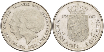 Нидерланды 1 гульден 1980 на коронацию Беатрикс, 30 апреля 1980 KM 200 никель 31-826