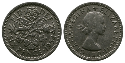 Великобритания 6 пенсов 1954 Елизавета II (1952-2022) KM 903, Spink 4149 медно-никель 4381-643