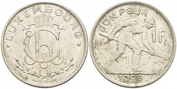 ЛЮКСЕМБУРГ 1 ФРАНК 1928 СТАЛЕВАР KM 35 никель 77-833