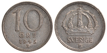 Швеция 10 эре 1945 TS, Густав V (1907-1950) KM 813 серебро 4179-542