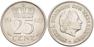 Нидерланды 25 центов 1965 Юлиана (1949-1980) KM 183 никель 3955-153
