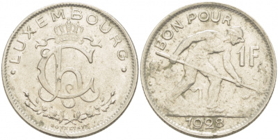 ЛЮКСЕМБУРГ 1 ФРАНК 1928 СТАЛЕВАР KM 35 никель 77-833