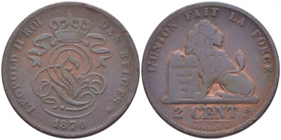 БЕЛЬГИЯ 2 САНТИМА 1870 BELGES KM 35.1 медь 4448-613