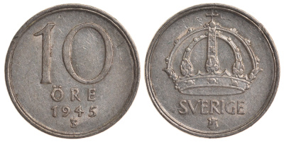 Швеция 10 эре 1945 TS, Густав V (1907-1950) KM 813 серебро 4179-542