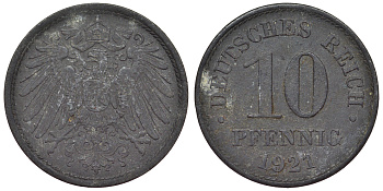 Германия 10 пфеннигов 1921 KM 26, J. 299, Weege 8 цинк 4119-423