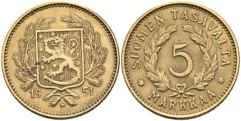 ФИНЛЯНДИЯ 5 МАРОК 1951 H KM 31a латунь 4563-412