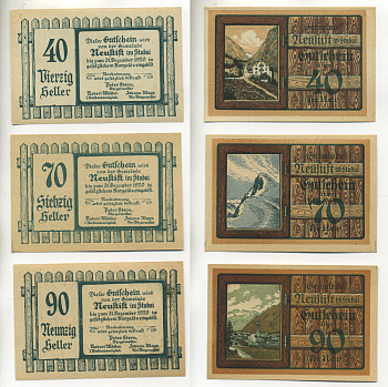 Австрия, Нойштифт набор из 3 банкнот 1920 до 31 декабря 1920, нотгельд, 40, 70, 90 геллеров, Neustift im Stubaital   бумага  aUNC  7555-10-3-1