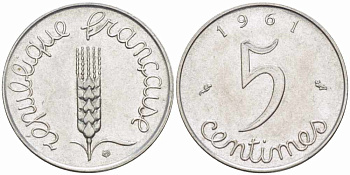 ФРАНЦИЯ 5 САНТИМОВ 1961 ПЯТАЯ РЕСПУБЛИКА KM 927, LE FRANC 124.3 хромированная сталь 105-417