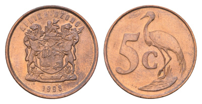 ЮАР 5 центов 1998 герб, райский журавль KM 160 сталь плакированная медью UNC 4679-168