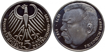 ФРГ 5 марок 1975 J, 50 лет со дня смерти Фридриха Эберта J. 416, KM 141 серебро PROOF 1520-1322