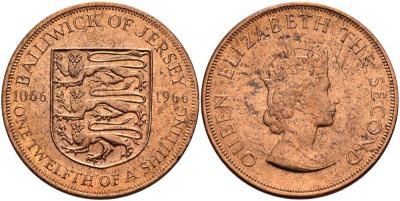 Джерси 1/12 шиллинга 1966 900 лет Нормандскому завоеванию KM 26 бронза UNC 4512-341