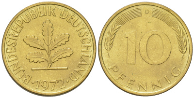 ФРГ 10 пфеннигов 1972 D KM 108, J.383 сталь плакированная латунью UNC 4175-455