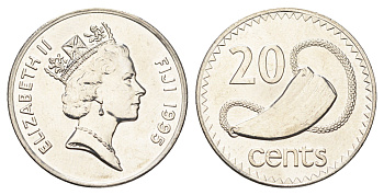 Фиджи 20 центов 1995 KM 53a сталь плакированная никелем UNC 4666-537