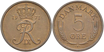 ДАНИЯ 5 ЭРЕ 1971 C; S, ФРЕДЕРИК IX (1947-1972) KM 848.1 бронза 67-911