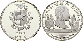 Гвинея 500 сили 1977 Мириам Макеба, певица, тираж 500 экземпляров KM 46 серебро PROOF 00-815-71