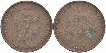 ФРАНЦИЯ 5 САНТИМОВ 1916 ТИП ДАНИЭЛЬ ДЮПЮИ KM 842, LE FRANC 119.28 бронза 108-1011