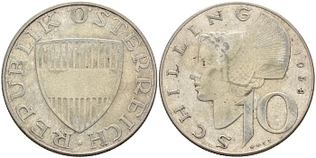 Австрия 10 шиллингов 1958 KM 2882 серебро 4563-957