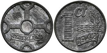 НИДЕРЛАНДЫ 1 ЦЕНТ 1942 ВИЛЬГЕЛЬМИНА (1890-1948) KM 170 цинк UNC 176-735