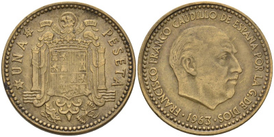 Испания 1 песета 1963 (?) Франсиско Франко (1939-1975) KM 775 алюминиевая бронза 3336-1117