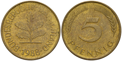 ФРГ 5 пфеннигов 1988 G J.382, KM 107 сталь плакированная латунью    4598-1057