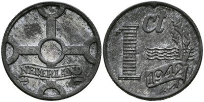 НИДЕРЛАНДЫ 1 ЦЕНТ 1942 ВИЛЬГЕЛЬМИНА (1890-1948) KM 170 цинк UNC 176-735