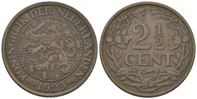 Нидерланды 2 1/2 цента 1929 Вильгельмина (1890-1948) KM 150 бронза 67-222