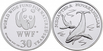 ЕВРОПА МЕДАЛЬ 1986 30 ЛЕТ WWF, КИТ, MEGAPTERA NOVAEANLIAE серебро PROOF 00-00