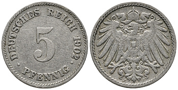 ГЕРМАНИЯ 5 ПФЕННИГОВ 1902 J KM 11, J. 12 медно-никель 39-761