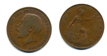 Великобритания 1 пенни 1921 Георг V (1910-1936) KM 810, Spink 4051 бронза 47-526