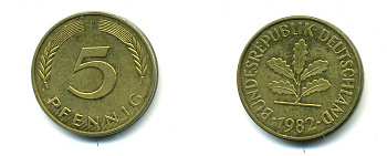 ФРГ 5 ПФЕННИГОВ 1982 J KM 107, J. 382 сталь плакированная латунью 46-2214