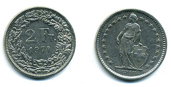 ШВЕЙЦАРИЯ 2 ФРАНКА 1974 KM 21а.1 медно-никель 59-1032
