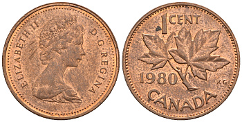 Канада 1 цент 1980 Елизавета II (1952-2022), кленовый лист KM 127 бронза 4609-151