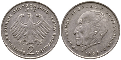 ФРГ 2 МАРКИ 1975 J, КОНРАД АДЕНАУЭР KM 124, J. 406 медно-никель плакированный никелем 56-1035