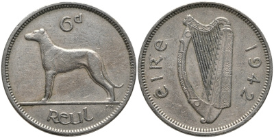 ИРЛАНДИЯ 6 ПЕНСОВ 1942 ИРЛАНДСКИЙ ВОЛКОДАВ KM 13а медно-никель 4387-1054