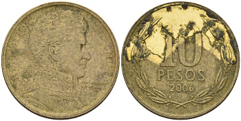 Чили 10 песо 2006 KM 228 никель латунь 4573-455
