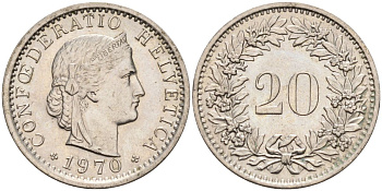 Швейцария 20 раппенов 1970 KM 29а медно-никель 4592-924