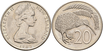 Новая Зеландия 20 центов 1983 Елизавета II (1952-2022), птичка киви KM 36.1 медно-никель 4599-1046