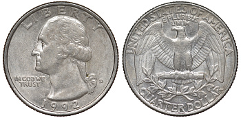 США 25 центов (квотер) 1992 D, Вашингтон KM A164a медь плакированная медно-никелем 4541-121