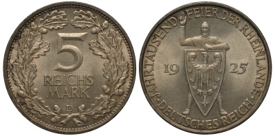 Германия 5 марок 1925 D, 1000 летие Рейнланда Weege 25, J. 322, KM 46 серебро aUNC 00-805-26
