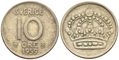 Швеция 10 эре 1959 Густав VI Адольф (1950-1973) KM 823 серебро 4147-923