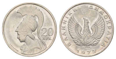 Греция 20 драхм 1973 год-тип KM 112 медно-никель UNC 4670-344