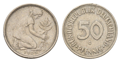 ФРГ 50 пфеннигов 1950 G KM 109, J. 384 медно-никель 4621-111