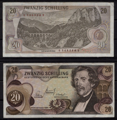 Австрия 20 шиллингов 1967 Карл Риттер фон Гега, железная дорога Земмеринг. Pick 142 бумага 8518-52-3-2