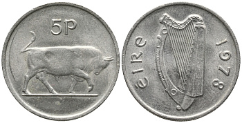ИРЛАНДИЯ 5 ПЕНСОВ 1978 БЫК KM 22 медно-никель 34-922
