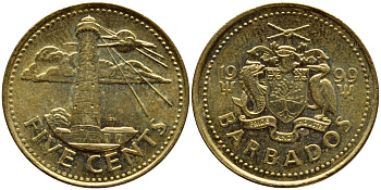 Барбадос 5 центов 1999 маяк Саут-Пойнт KM 11 латунь 4398-557